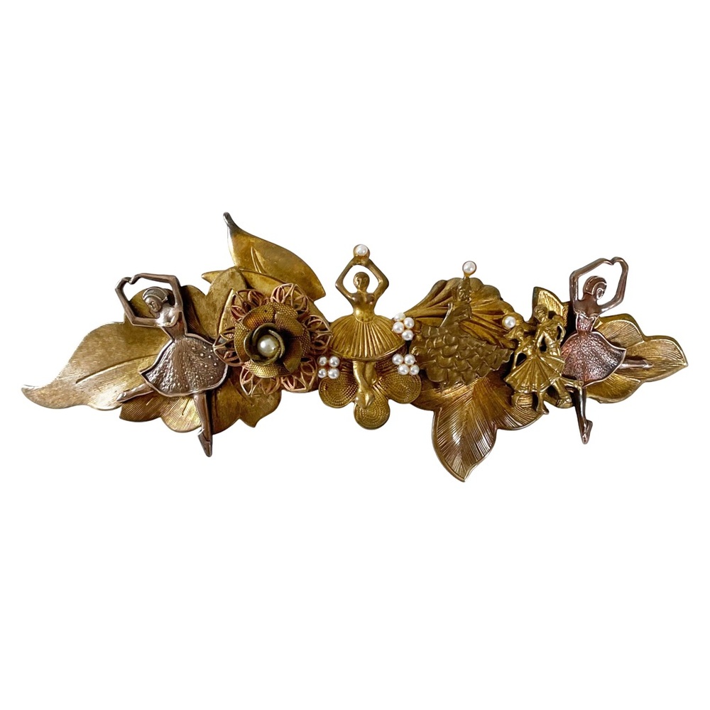 French hair barrette with ballerina dancer motif and seed pearls vintage